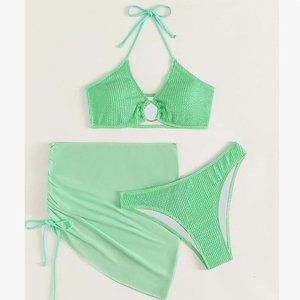 Green SMALL Women's O-Ring Halter Tie-Up Bikini Set with Cover Up Skirt